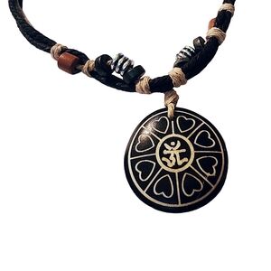 Tibetan Om Bohemian Hand-carved Hemp Yak Bone Pendant Black Cord Necklace